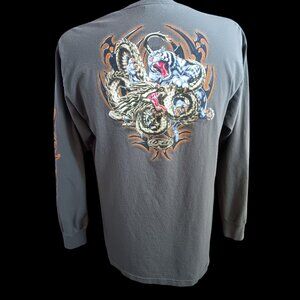 Vintage T-shirt Large Y2K Top Heavy Mens Long Sleeve Tiger & Dragon Flames